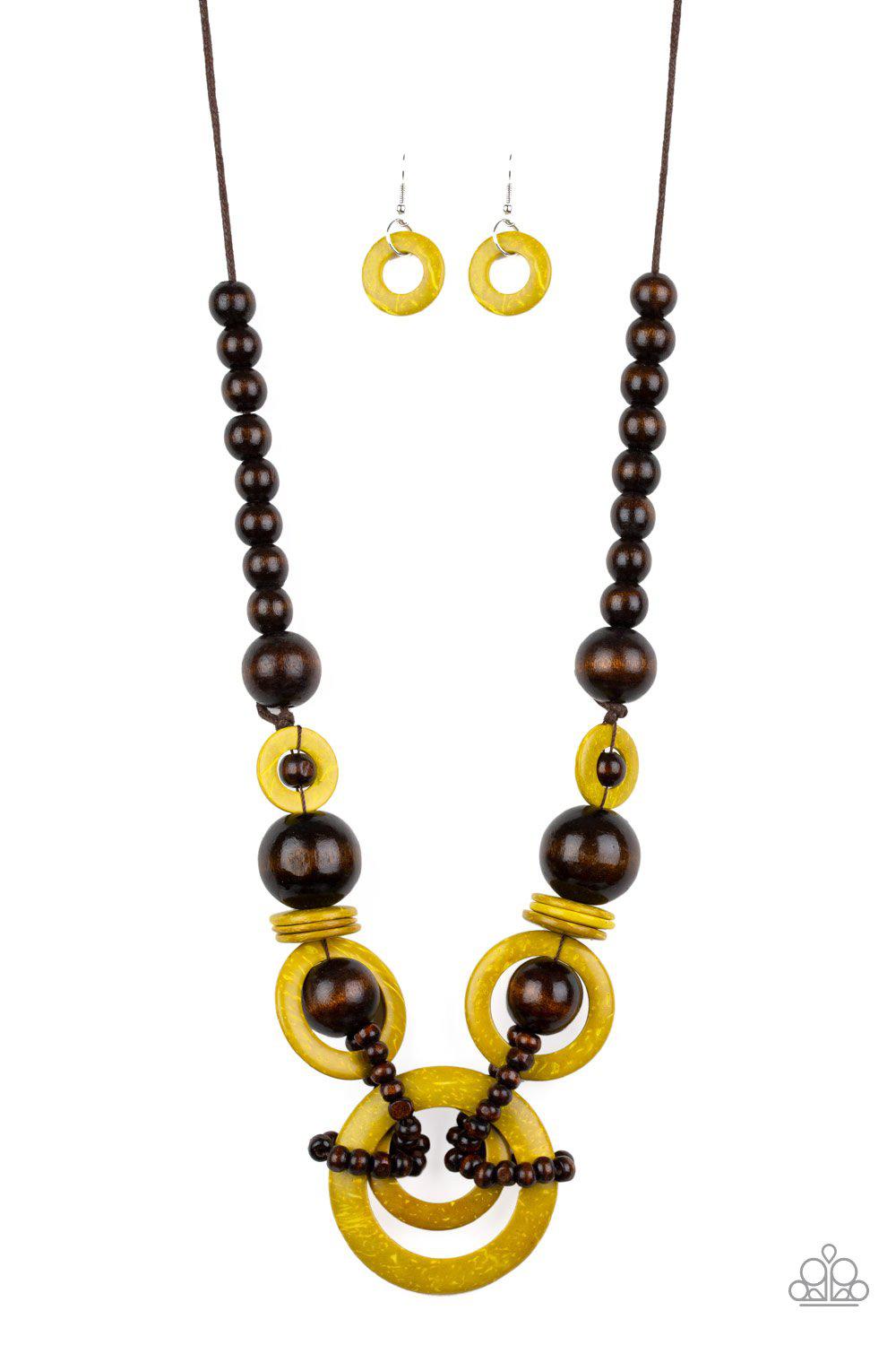 Boardwalk Party Yellow and Brown Wood Necklace - Paparazzi Accessories- lightbox - CarasShop.com - Paparazzi Jewelry by Cara Jewels