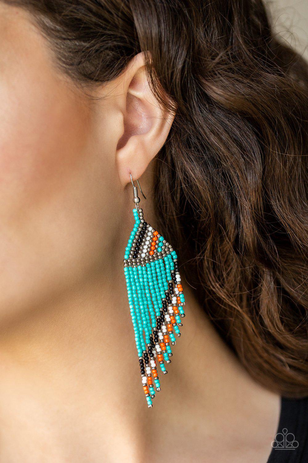 Bodaciously Bohemian Turquoise Blue Seed Bead Earrings - Paparazzi Accessories- on model - CarasShop.com - Paparazzi Jewelry by Cara Jewels