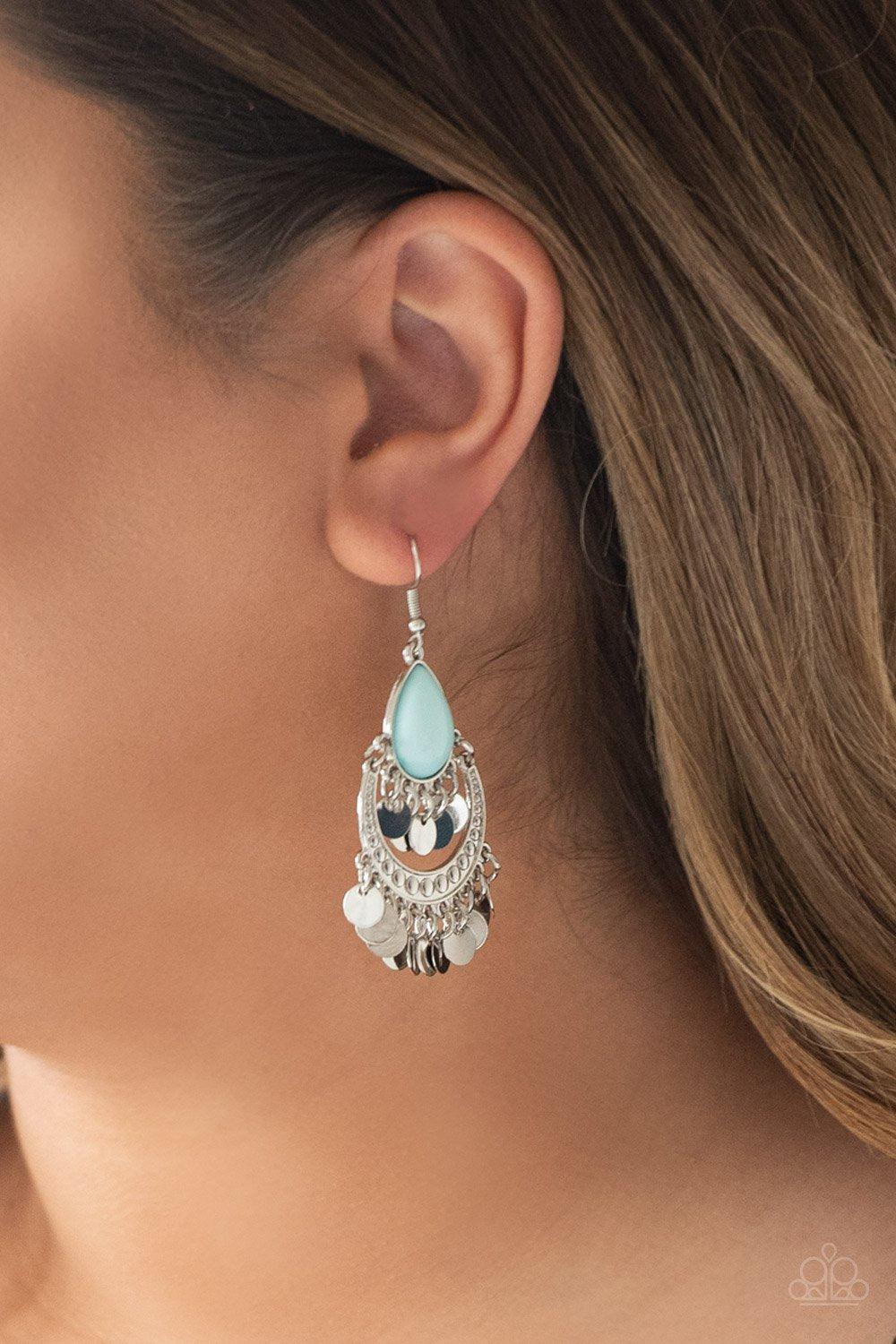 Bodaciously Boho Blue and Silver Earrings - Paparazzi Accessories- on model - CarasShop.com - Paparazzi Jewelry by Cara Jewels