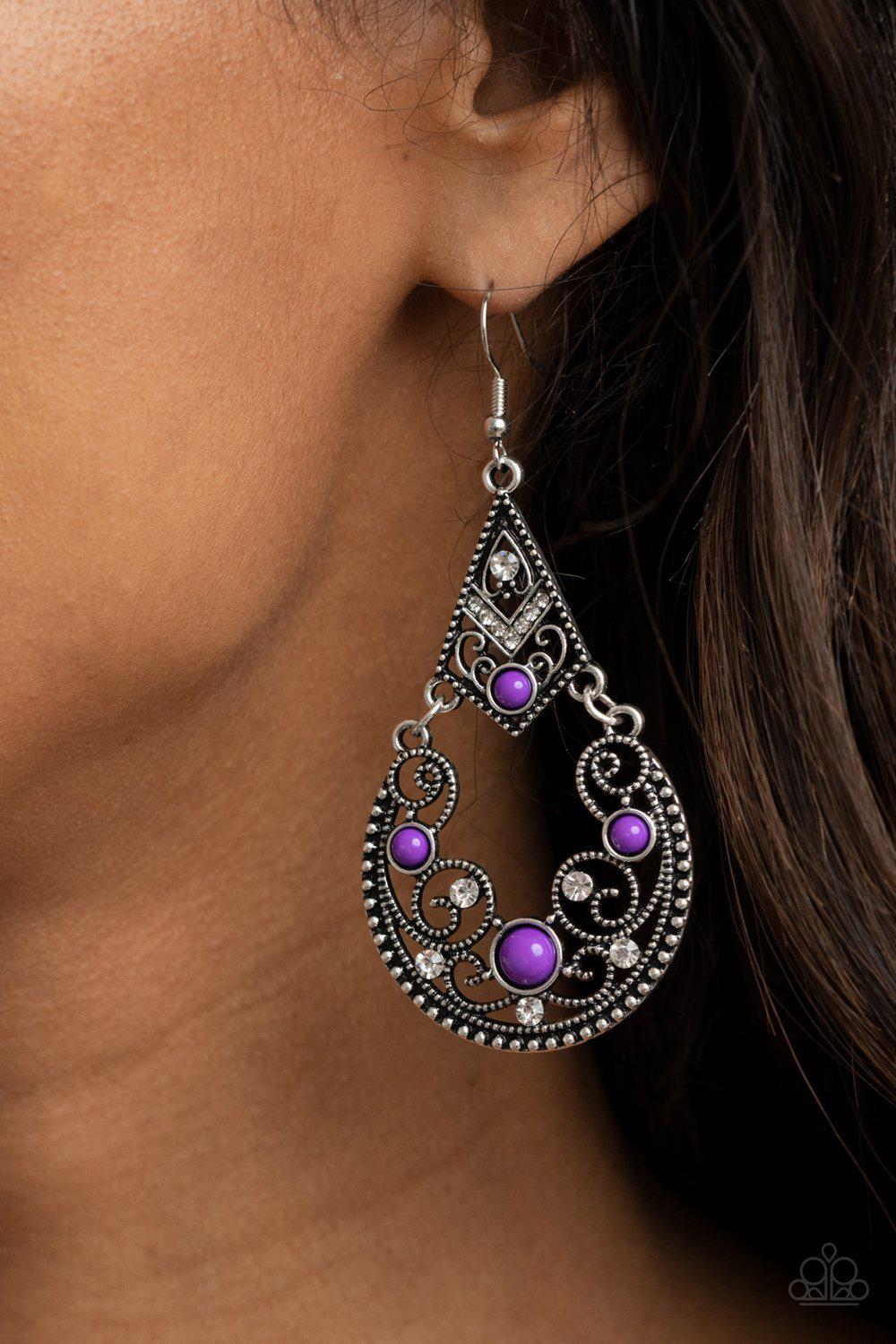 Bohemian Ball Purple Earrings - Paparazzi Accessories- on model - CarasShop.com - Paparazzi Jewelry by Cara Jewels
