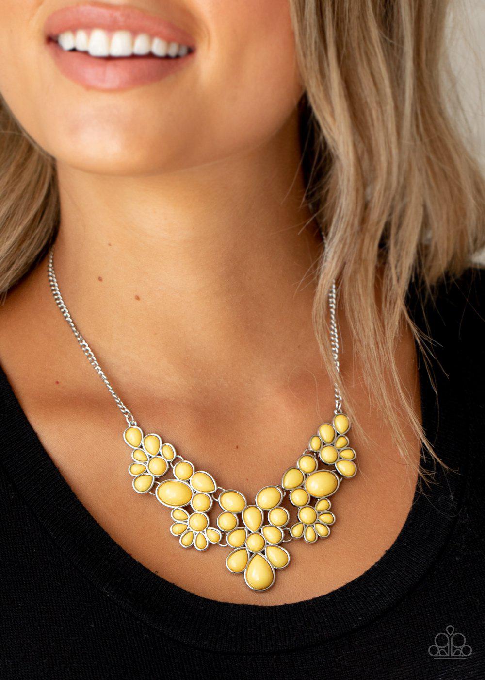Bohemian Banquet Yellow and Silver Necklace - Paparazzi Accessories- on model - CarasShop.com - Paparazzi Jewelry by Cara Jewels