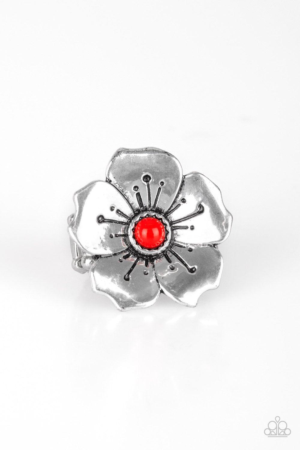 Boho Blossom Red and Silver Flower Ring - Paparazzi Accessories- lightbox - CarasShop.com - Paparazzi Jewelry by Cara Jewels