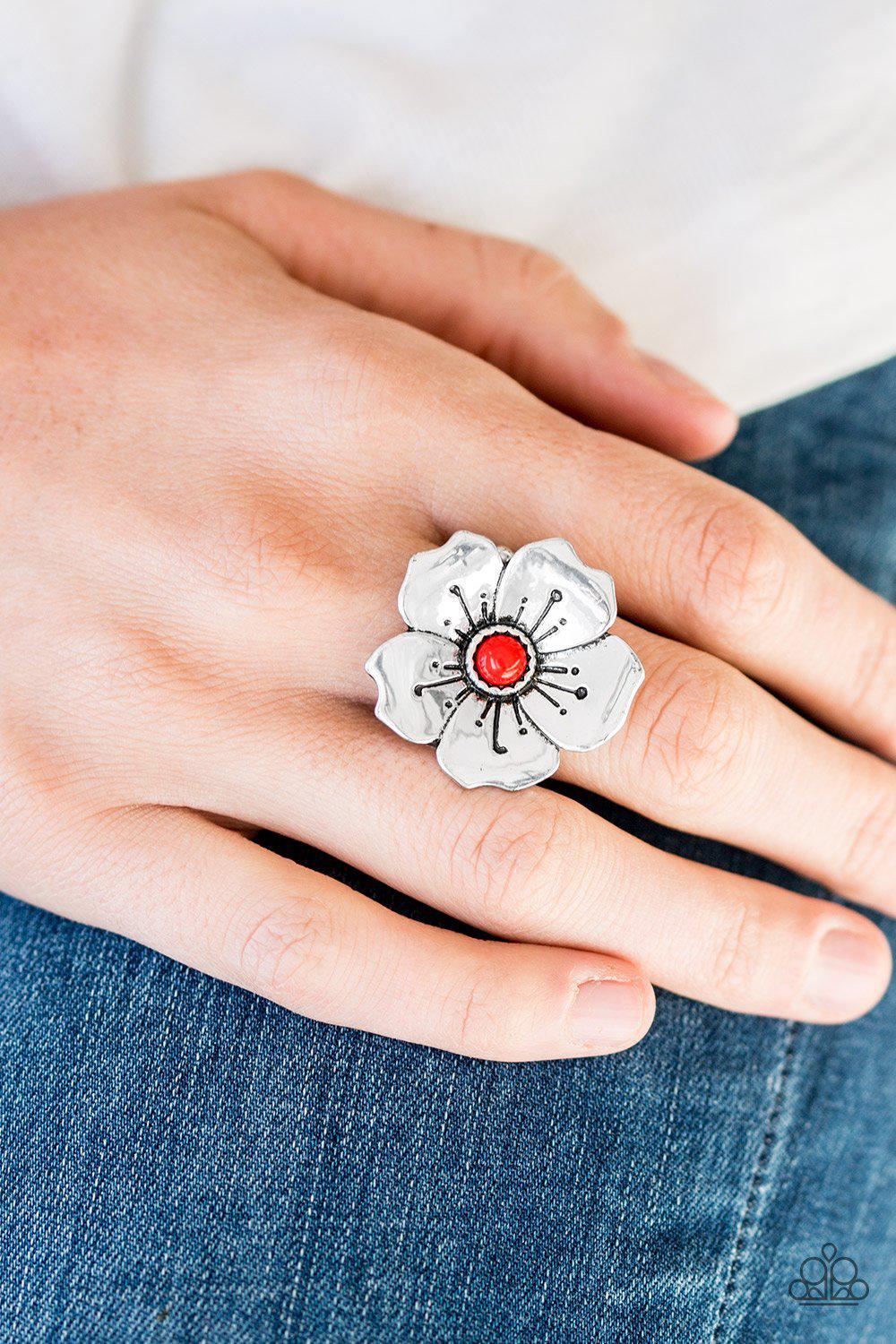 Boho Blossom Red and Silver Flower Ring - Paparazzi Accessories- lightbox - CarasShop.com - Paparazzi Jewelry by Cara Jewels
