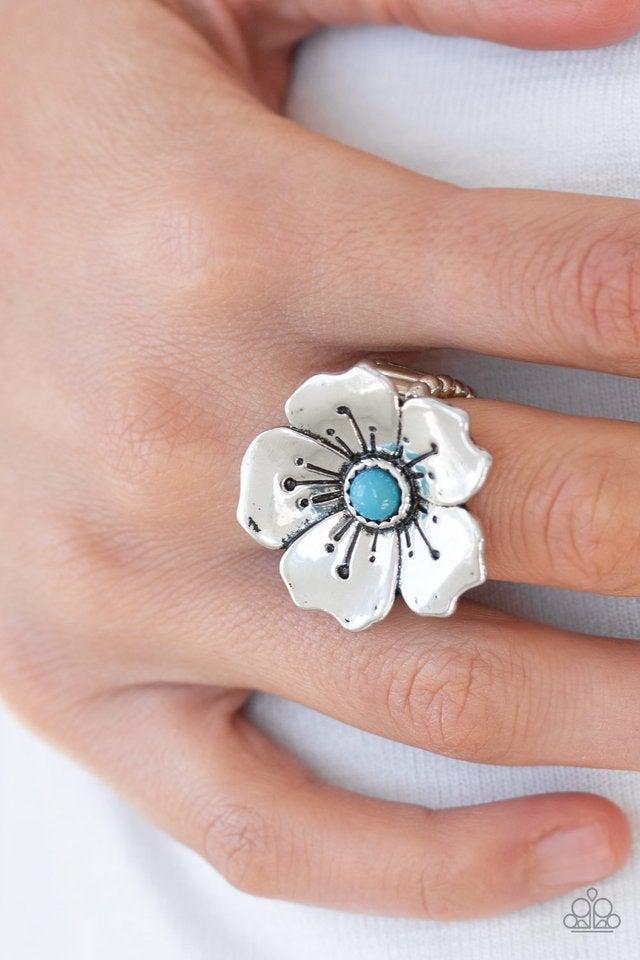 Boho Blossom Turquoise Blue Stone and Silver Flower Ring - Paparazzi Accessories- lightbox - CarasShop.com - Paparazzi Jewelry by Cara Jewels