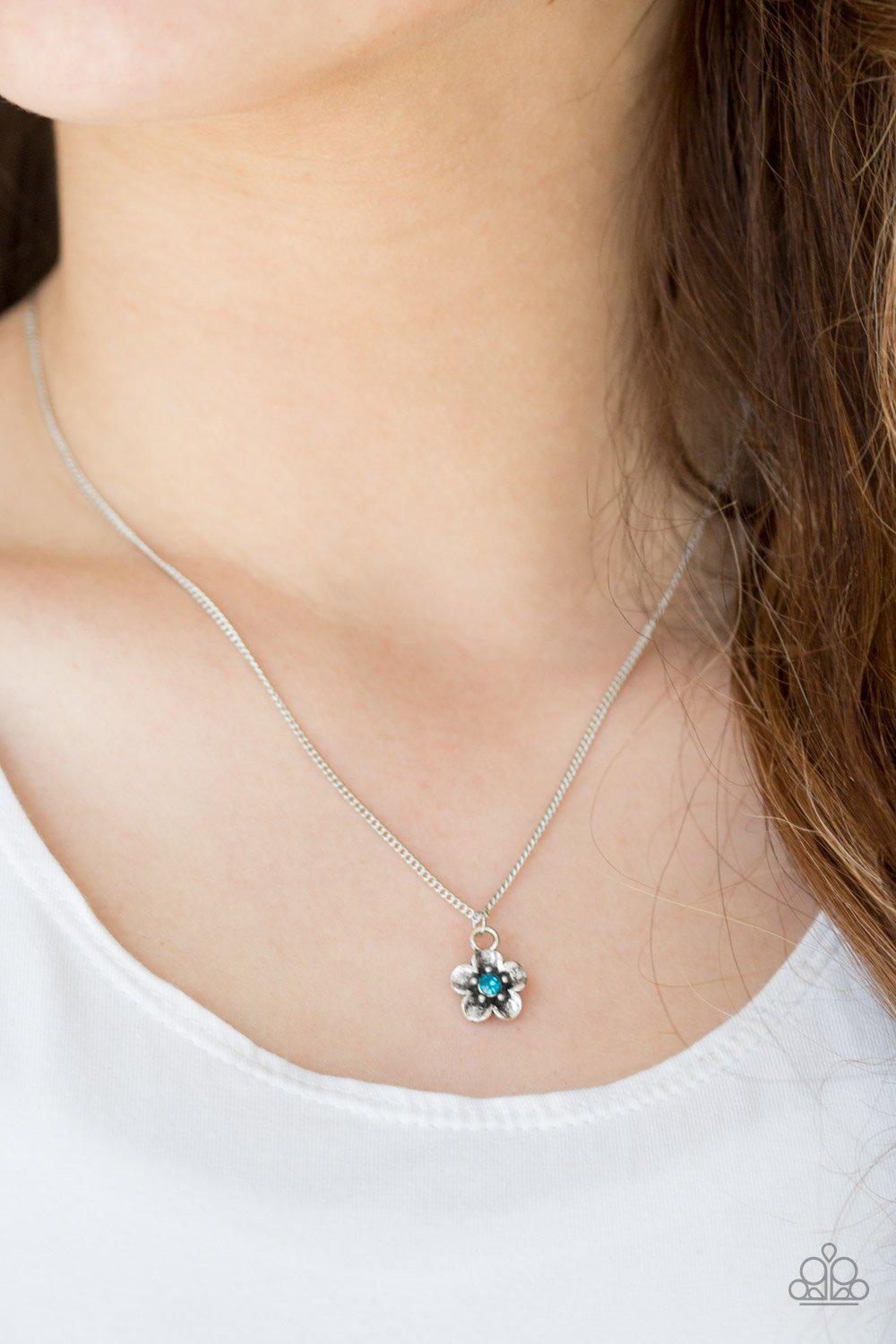 Boho Botanical Silver and Blue Flower Necklace - Paparazzi Accessories- on model - CarasShop.com - Paparazzi Jewelry by Cara Jewels