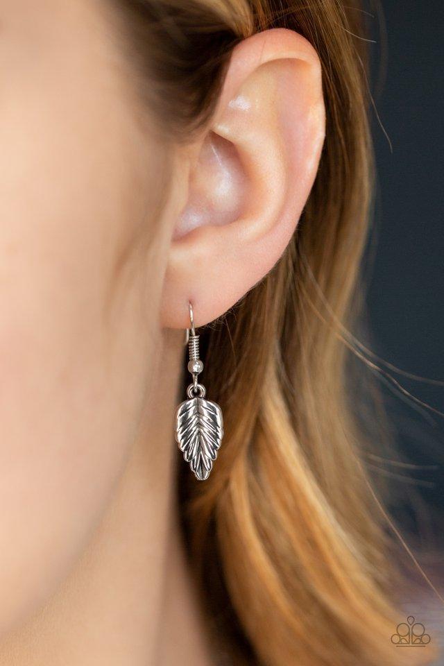 Boldly Airborne Green and Silver Feather Necklace - Paparazzi Accessories - free matching earrings -CarasShop.com - Paparazzi Jewelry by Cara Jewels