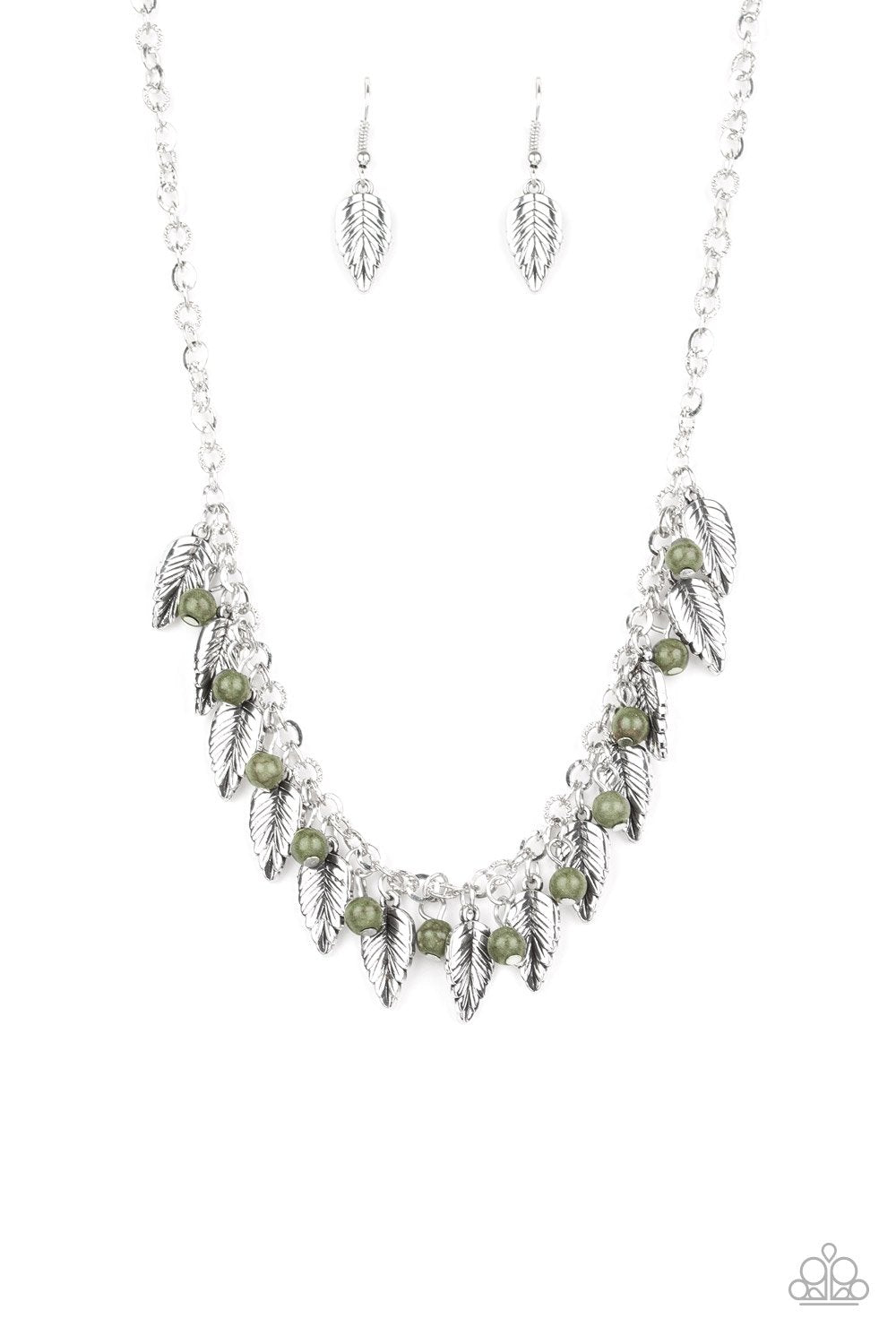 Boldly Airborne Green and Silver Feather Necklace - Paparazzi Accessories- lightbox - CarasShop.com - Paparazzi Jewelry by Cara Jewels