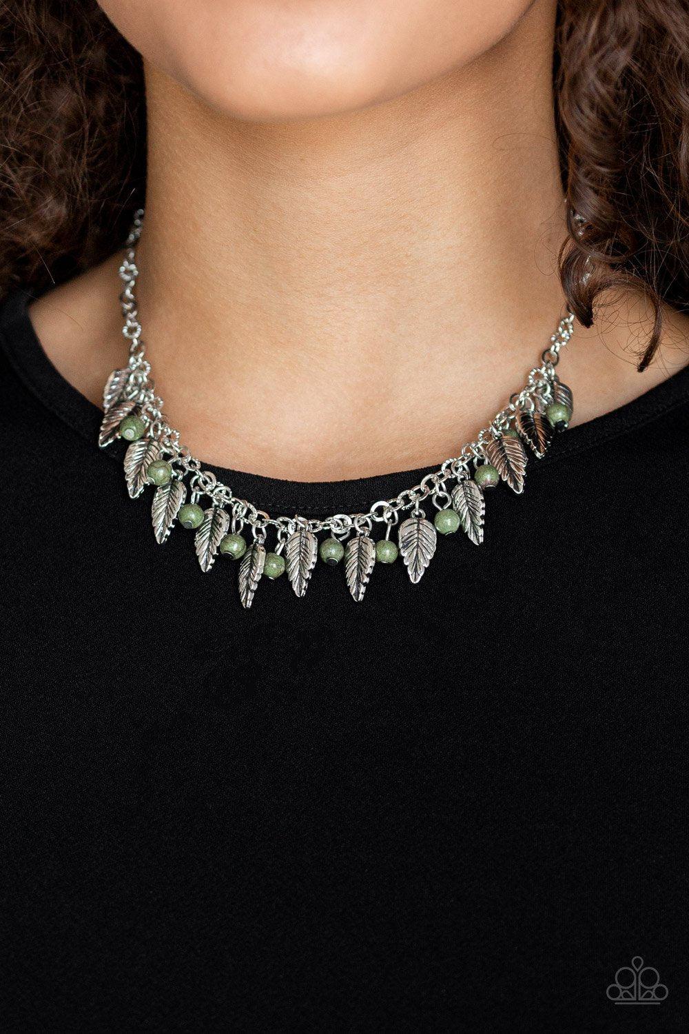 Boldly Airborne Green and Silver Feather Necklace - Paparazzi Accessories- on model - CarasShop.com - Paparazzi Jewelry by Cara Jewels