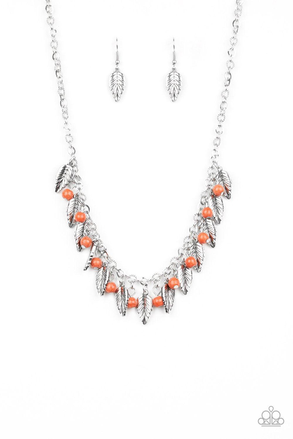Boldly Airborne Orange and Silver Feather Necklace - Paparazzi Accessories- lightbox - CarasShop.com - Paparazzi Jewelry by Cara Jewels