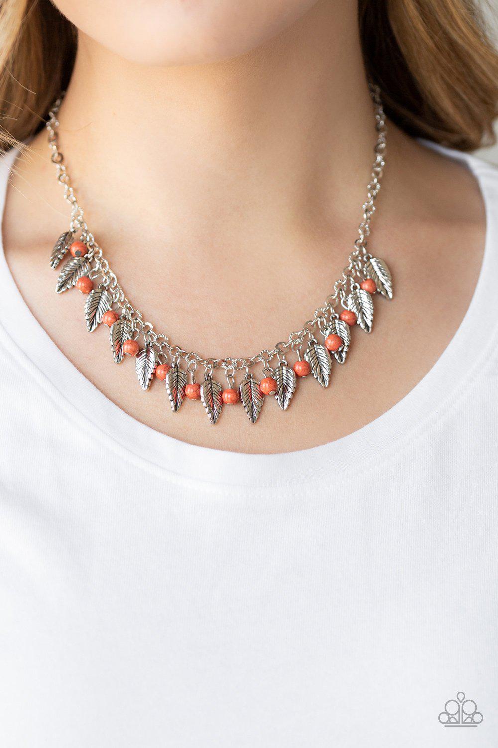 Boldly Airborne Orange and Silver Feather Necklace - Paparazzi Accessories- on model - CarasShop.com - Paparazzi Jewelry by Cara Jewels