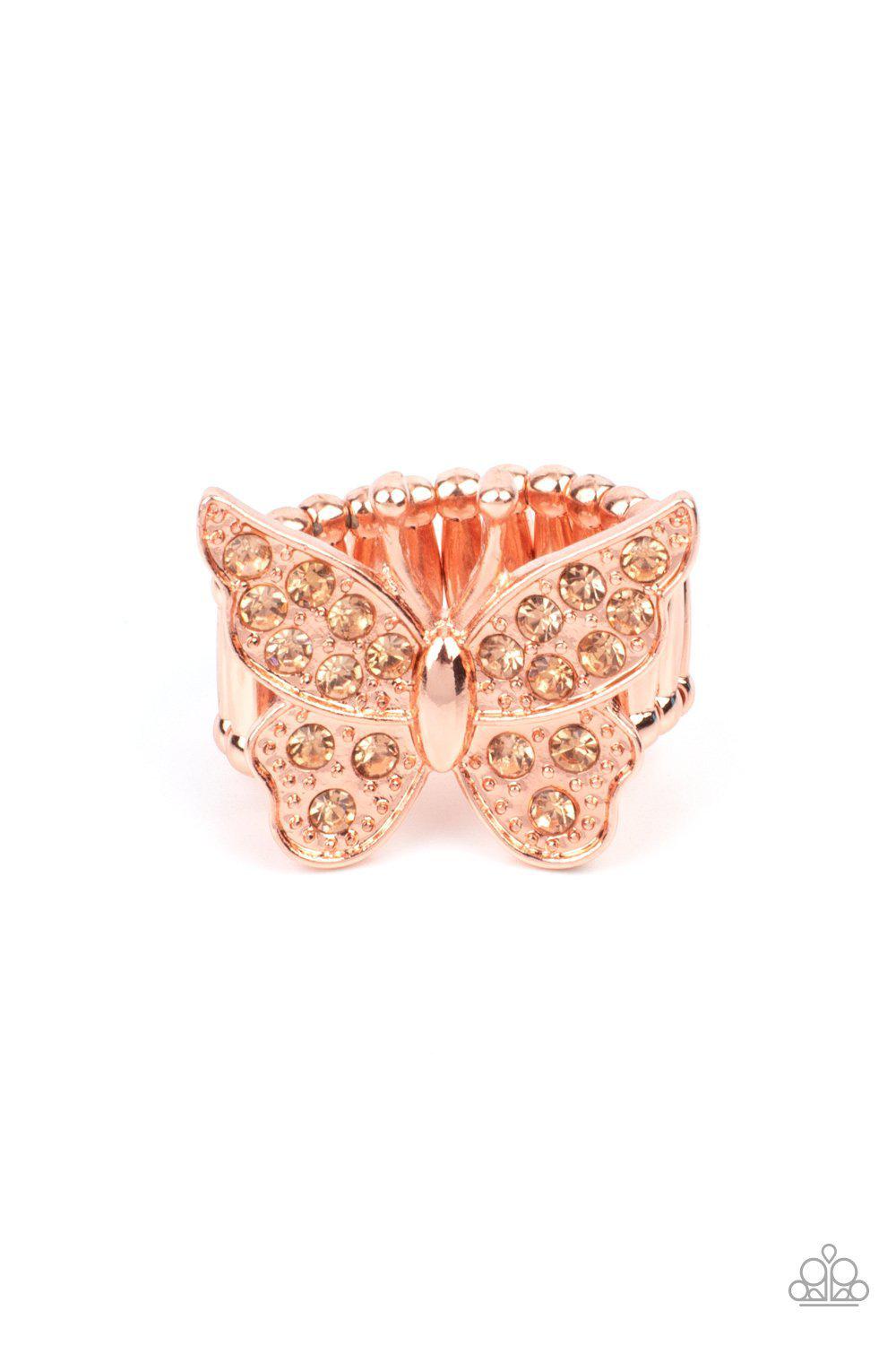 Bona Fide Butterfly Copper Rhinestone Ring - Paparazzi Accessories- lightbox - CarasShop.com - Paparazzi Jewelry by Cara Jewels