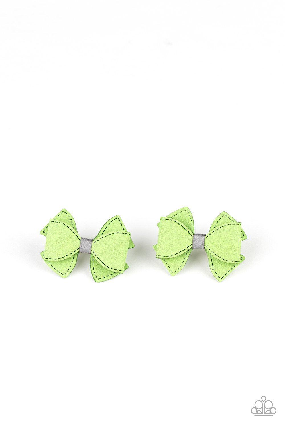 Boots and Bows Green Suede Hair Clips - Paparazzi Accessories- lightbox - CarasShop.com - Paparazzi Jewelry by Cara Jewels