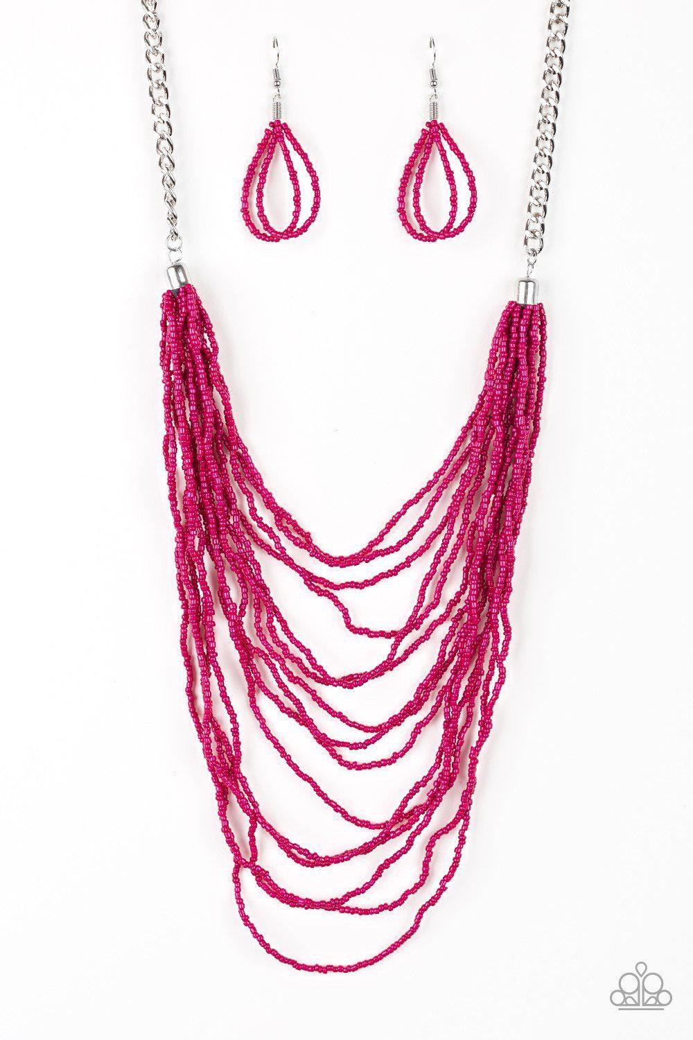 Bora Bombora - Pink Seed Bead Necklace and matching Earrings - Paparazzi Accessories- lightbox - CarasShop.com - Paparazzi Jewelry by Cara Jewels