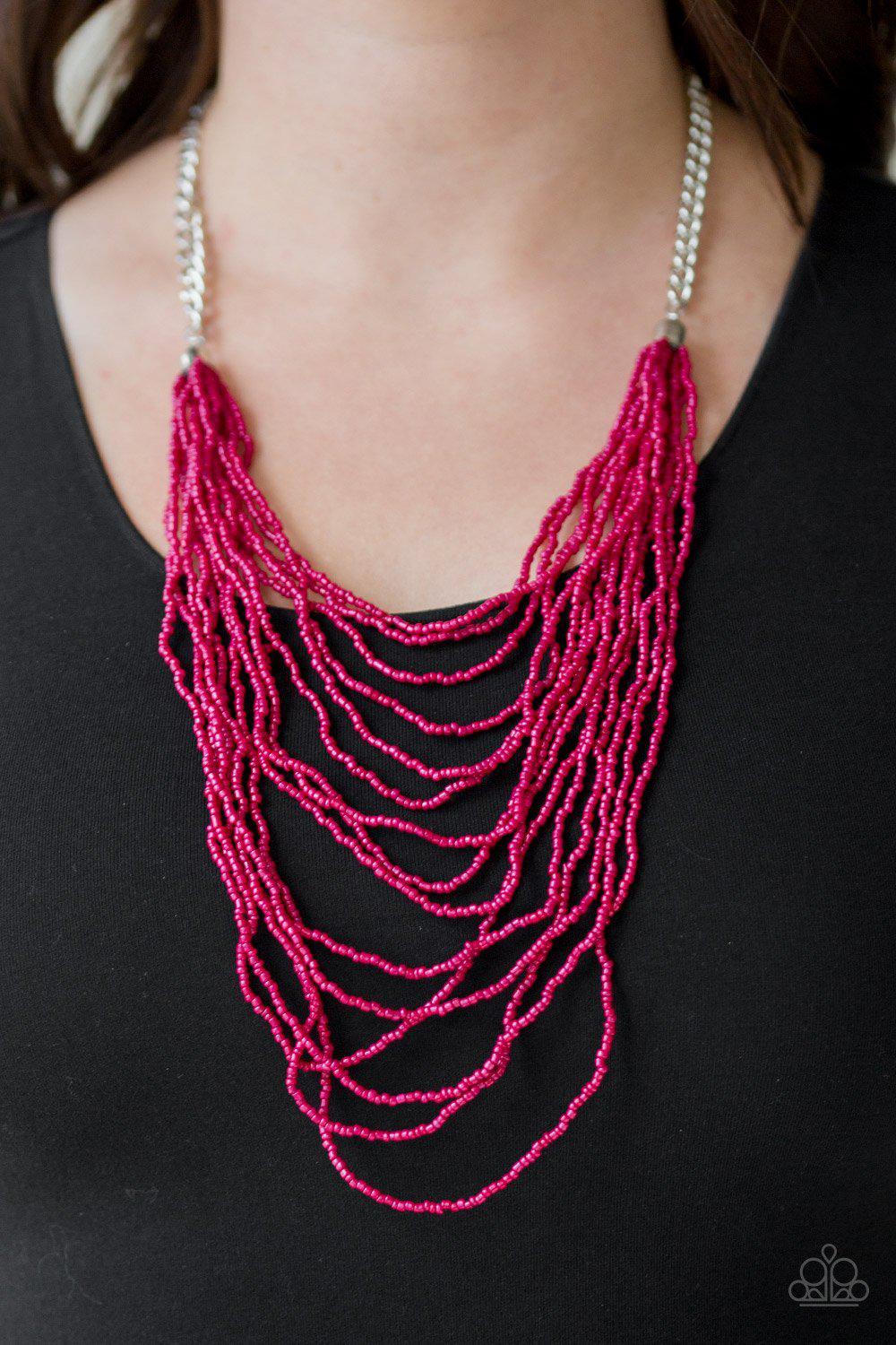Bora Bombora - Pink Seed Bead Necklace and matching Earrings - Paparazzi Accessories- on model - CarasShop.com - Paparazzi Jewelry by Cara Jewels