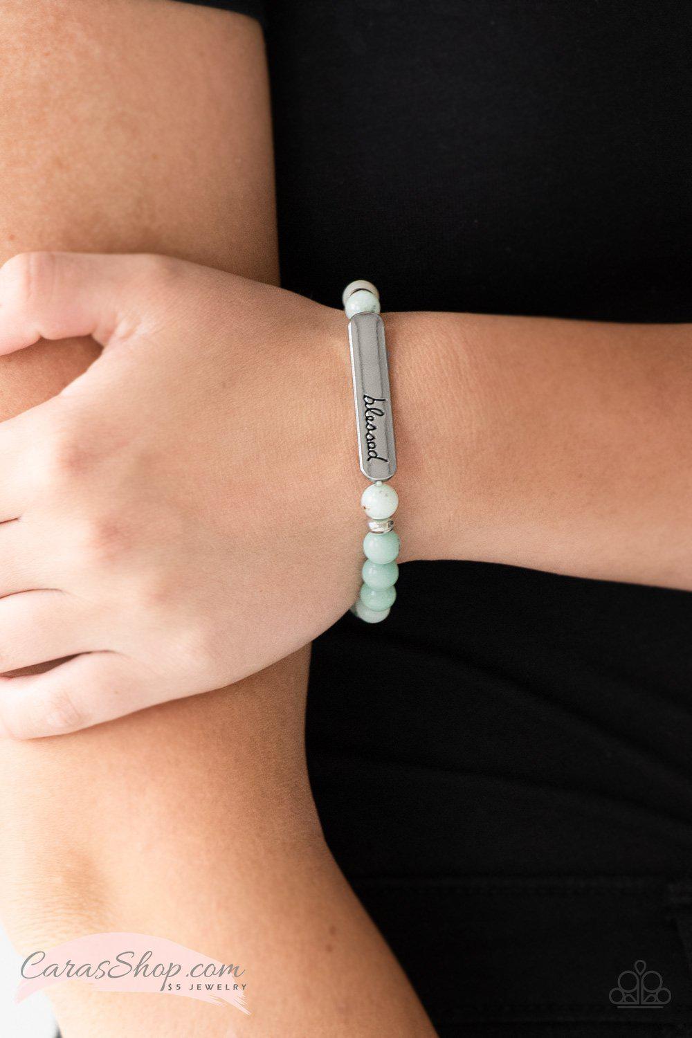 Born Blessed - Green Stone Stretch Bracelet - Paparazzi Accessories- on model - CarasShop.com - Paparazzi Jewelry by Cara Jewels