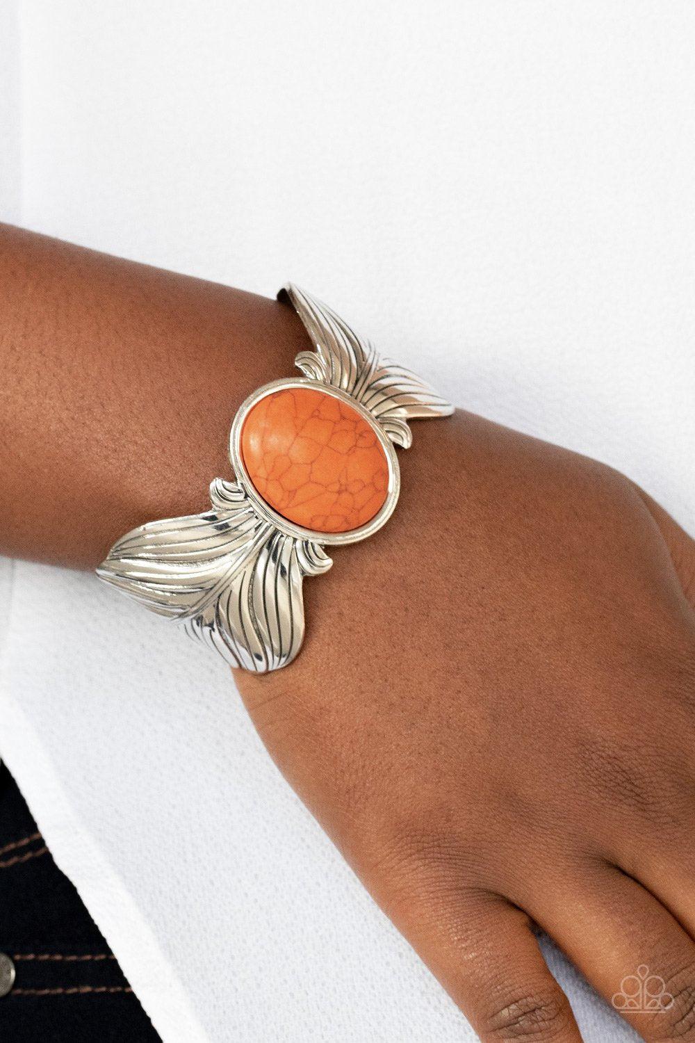 Born to Soar Orange Stone Cuff Bracelet - Paparazzi Accessories- on model - CarasShop.com - Paparazzi Jewelry by Cara Jewels