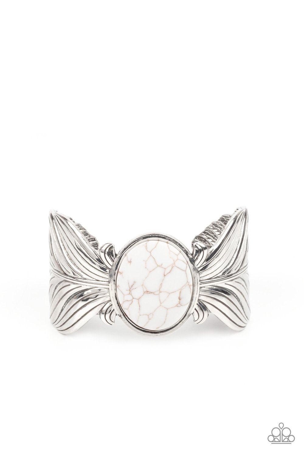 Born to Soar White Stone and Silver Feather Cuff Bracelet - Paparazzi Accessories- lightbox - CarasShop.com - Paparazzi Jewelry by Cara Jewels