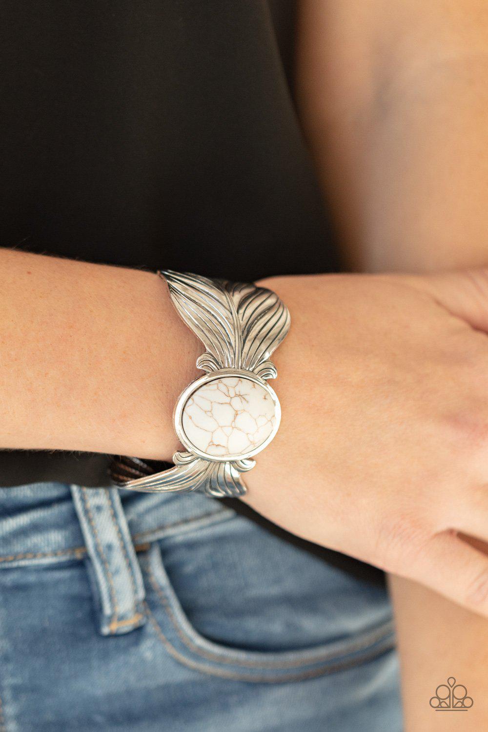 Born to Soar White Stone and Silver Feather Cuff Bracelet - Paparazzi Accessories- lightbox - CarasShop.com - Paparazzi Jewelry by Cara Jewels