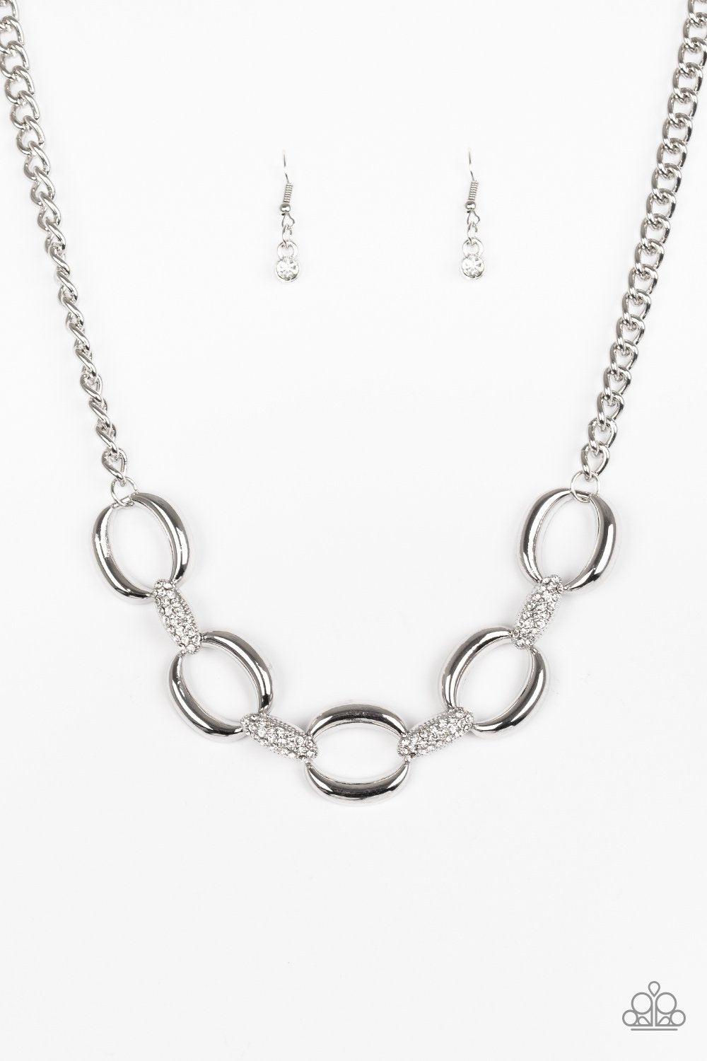 Boss Boulevard Silver and White Rhinestone Necklace - Paparazzi Accessories- lightbox - CarasShop.com - Paparazzi Jewelry by Cara Jewels