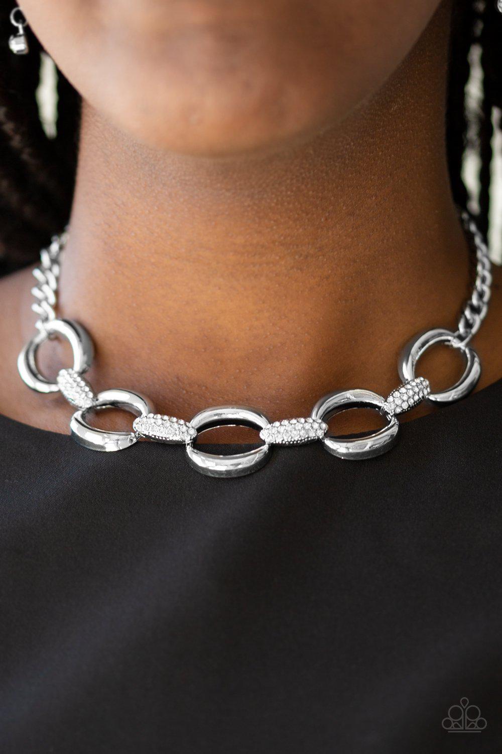 Boss Boulevard Silver and White Rhinestone Necklace - Paparazzi Accessories- on model - CarasShop.com - Paparazzi Jewelry by Cara Jewels