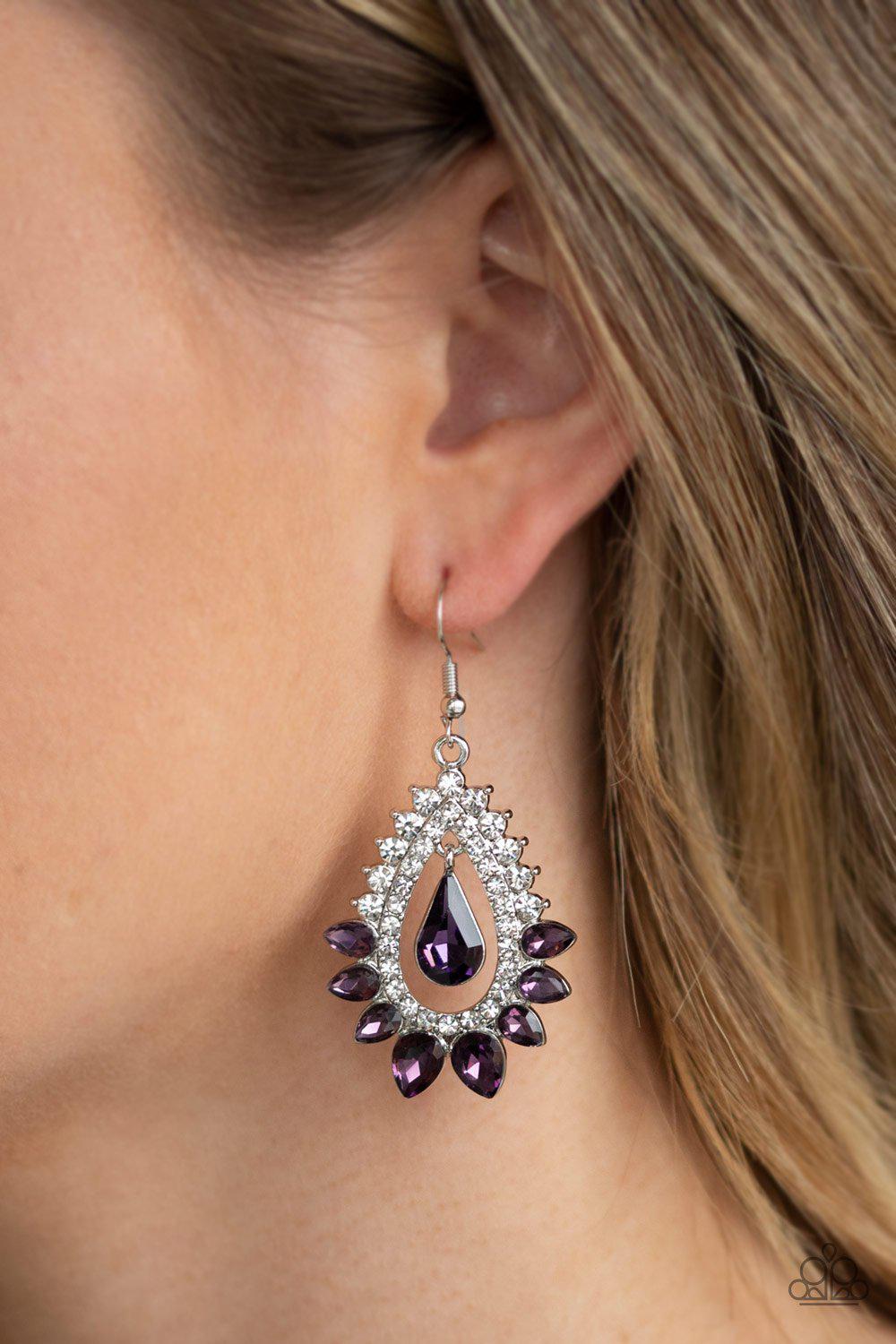 Boss Brilliance Purple and White Rhinestone Earrings - Paparazzi Accessories- lightbox - CarasShop.com - Paparazzi Jewelry by Cara Jewels