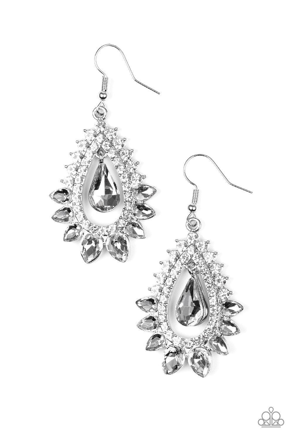 Boss Brilliance Silver and White Rhinestone Earrings - Paparazzi Accessories- lightbox - CarasShop.com - Paparazzi Jewelry by Cara Jewels