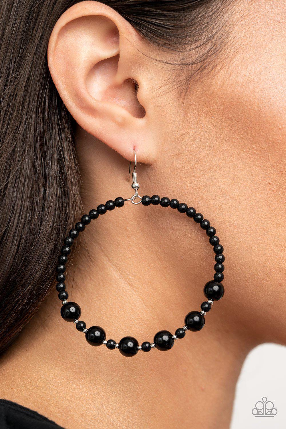 Boss Posh Black Beaded Hoop Earrings - Paparazzi Accessories- on model - CarasShop.com - Paparazzi Jewelry by Cara Jewels