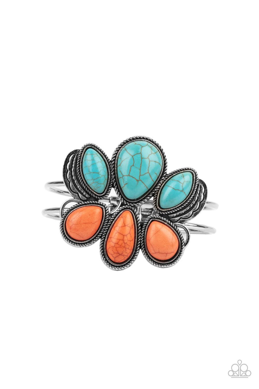 Botanical Badlands Orange and Turquoise Blue Stone Hinged Cuff Bracelet - Paparazzi Accessories- lightbox - CarasShop.com - Paparazzi Jewelry by Cara Jewels