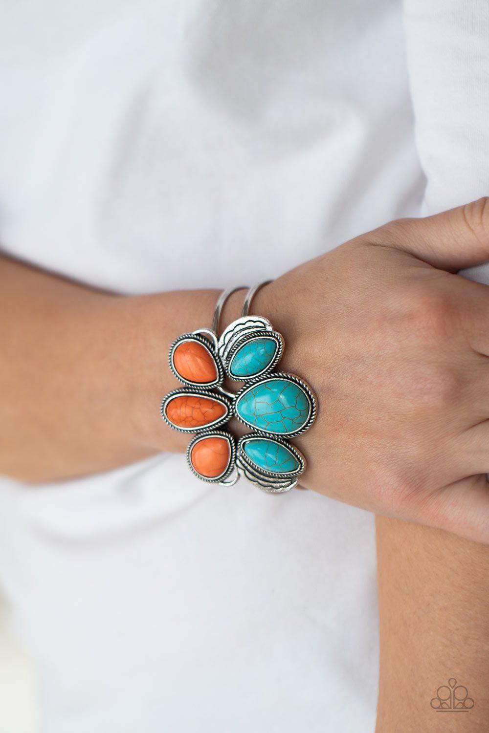 Botanical Badlands Orange and Turquoise Blue Stone Hinged Cuff Bracelet - Paparazzi Accessories- on model - CarasShop.com - Paparazzi Jewelry by Cara Jewels