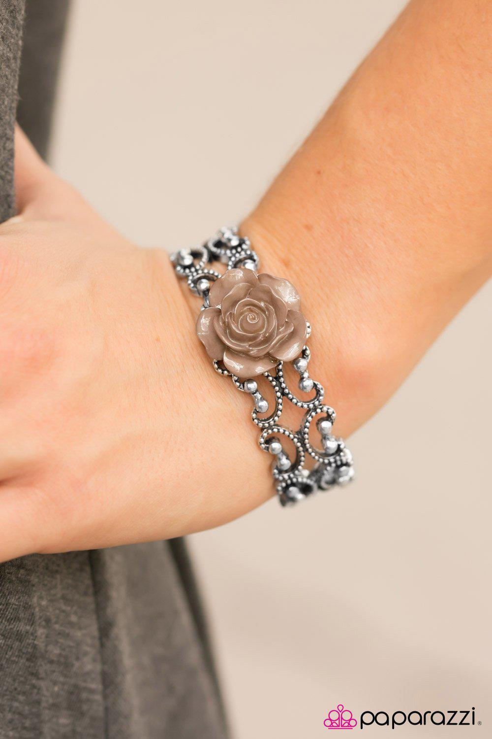 Botanical Bliss Brown Rose and Silver Cuff Bracelet - Paparazzi Accessories- on model - CarasShop.com - Paparazzi Jewelry by Cara Jewels