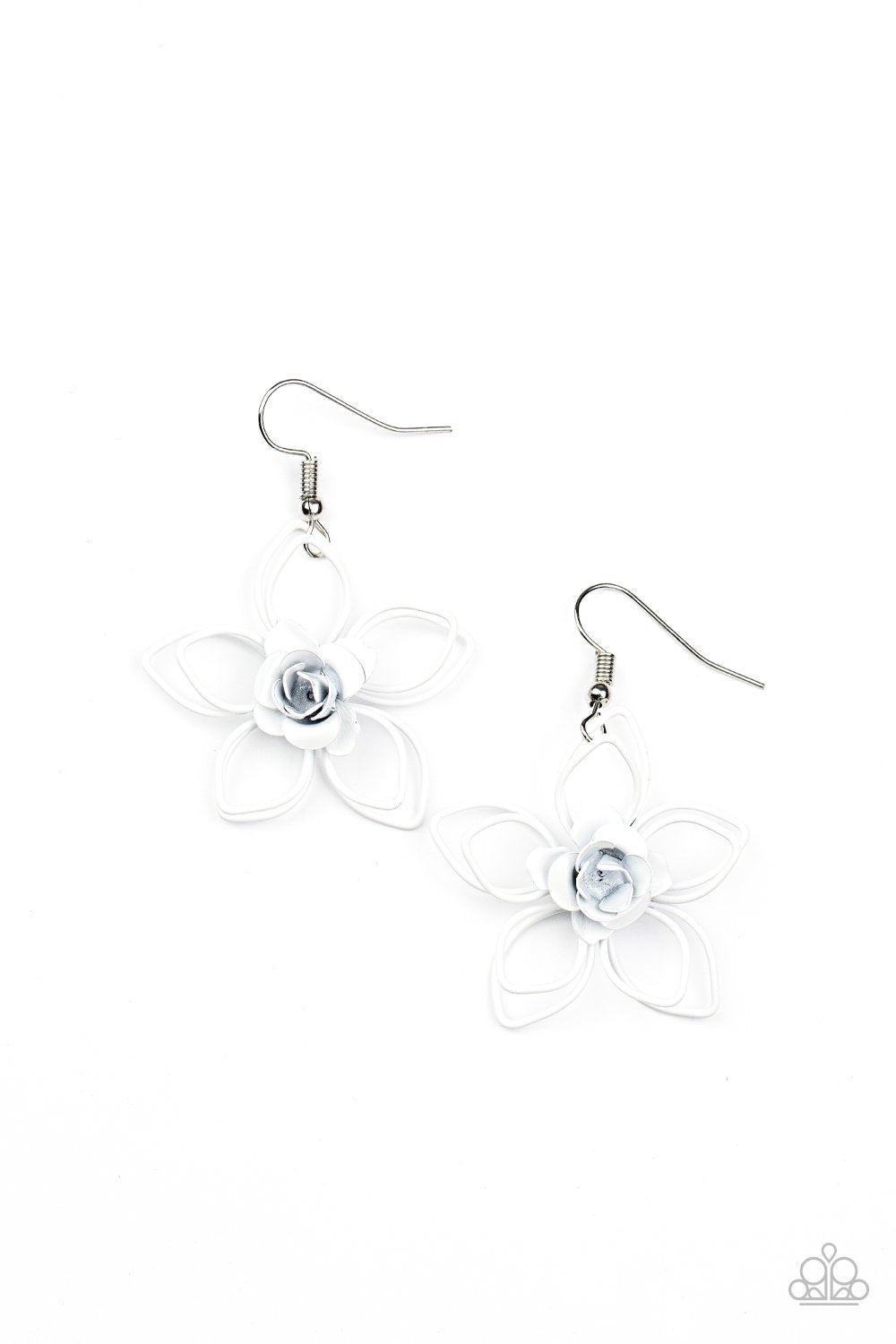 Botanical Bonanza White Wire Flower Earrings - Paparazzi Accessories- lightbox - CarasShop.com - Paparazzi Jewelry by Cara Jewels