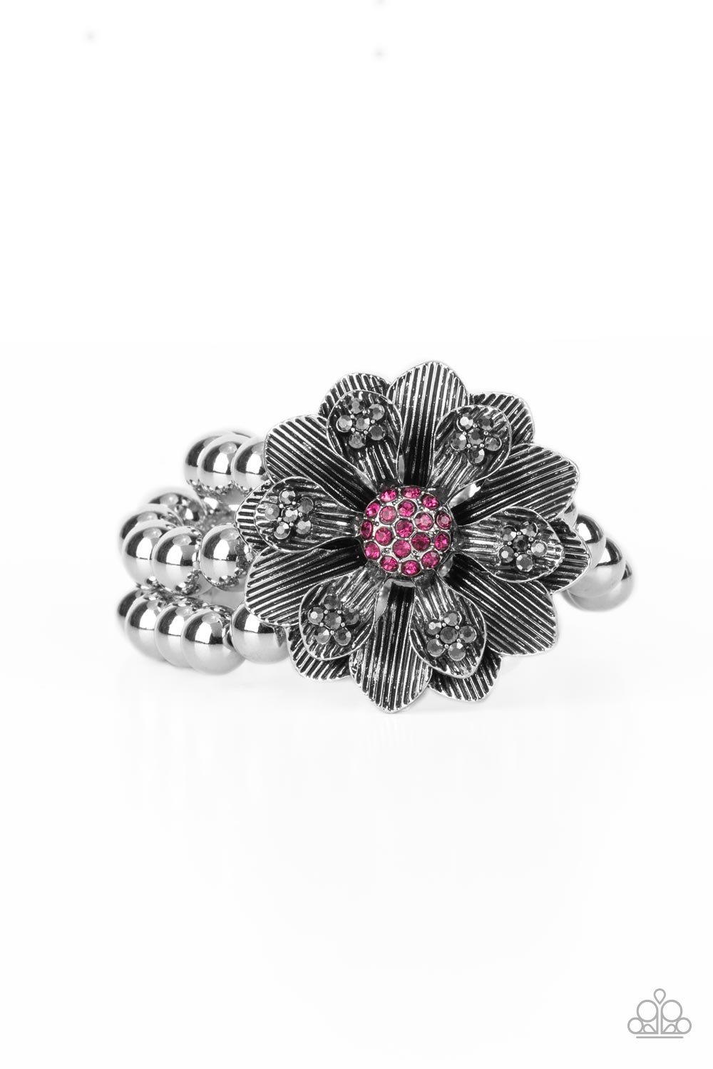 Botanical Bravado Pink & Silver Flower Bracelet - Paparazzi Accessories- lightbox - CarasShop.com - Paparazzi Jewelry by Cara Jewels