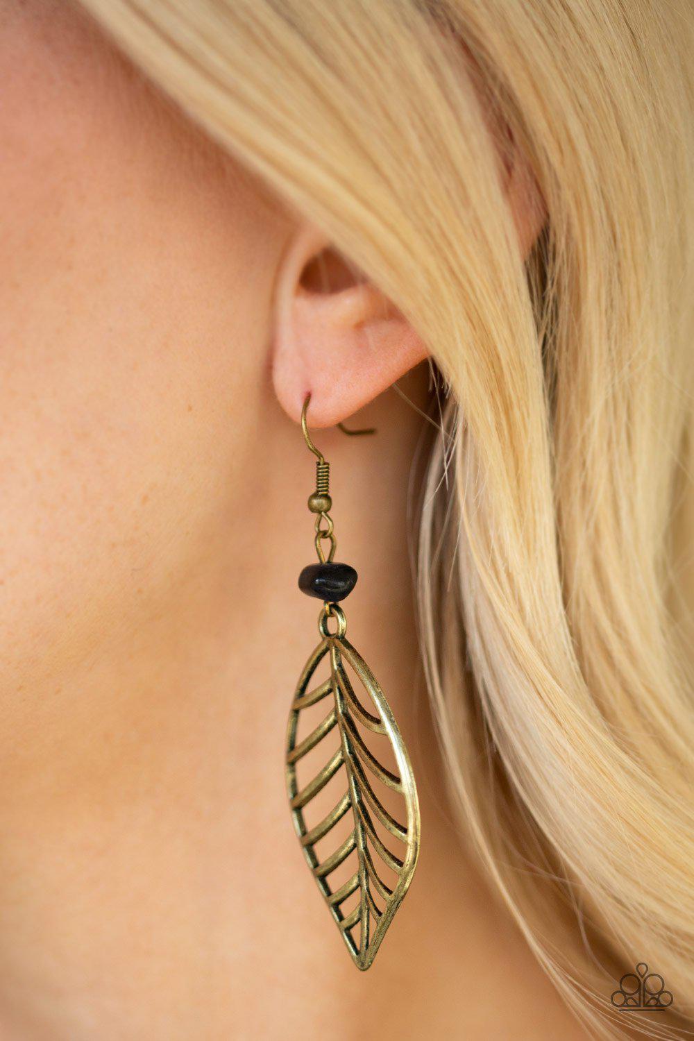 BOUGH Out Brass Leaf Earrings - Paparazzi Accessories- on model - CarasShop.com - Paparazzi Jewelry by Cara Jewels