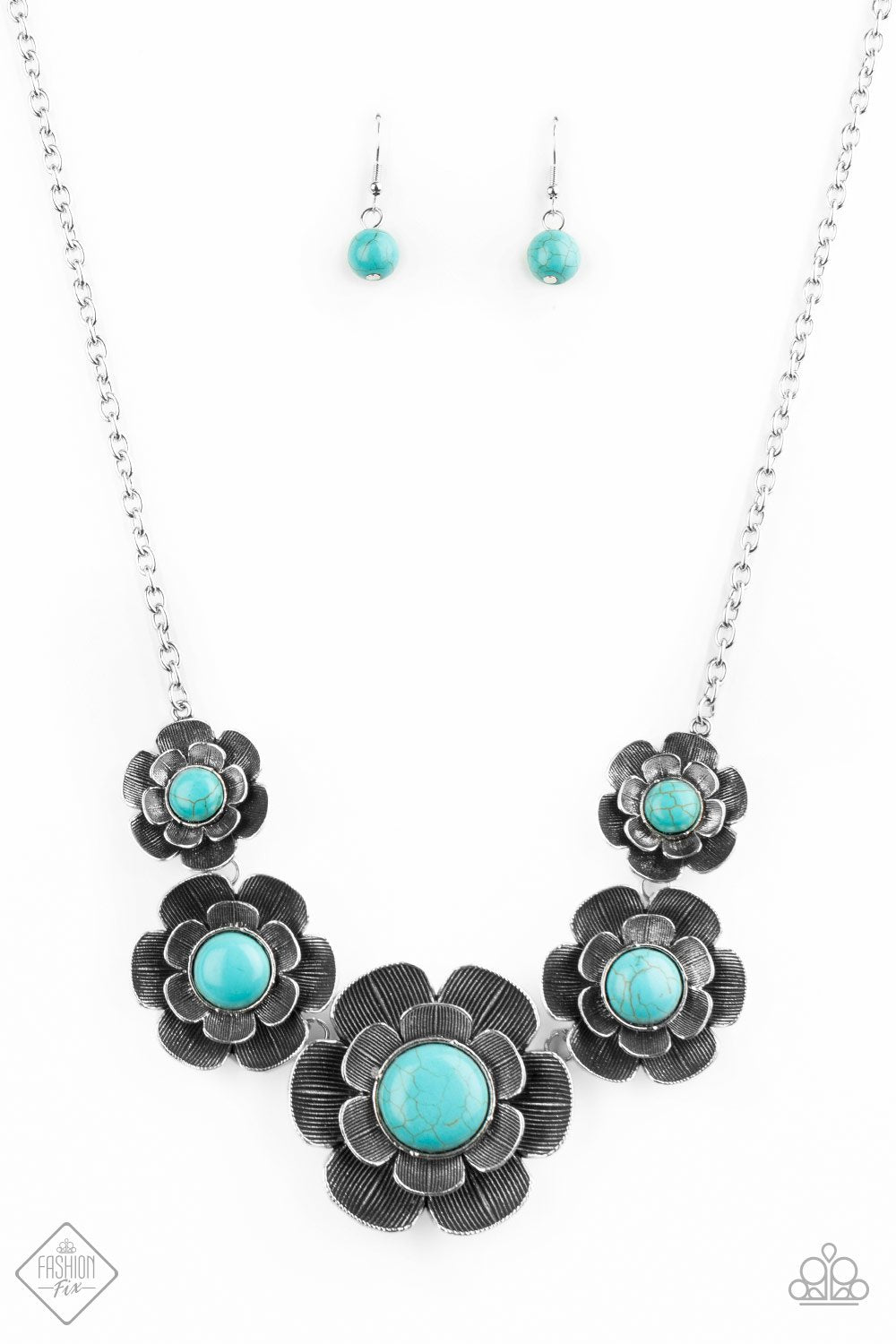 Bountiful Badlands Turquoise Blue Stone and Silver Flower Necklace - Paparazzi Accessories- lightbox - CarasShop.com - Paparazzi Jewelry by Cara Jewels
