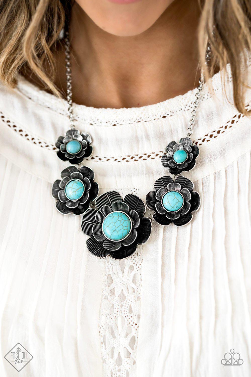 Bountiful Badlands Turquoise Blue Stone and Silver Flower Necklace - Paparazzi Accessories- on model - CarasShop.com - Paparazzi Jewelry by Cara Jewels