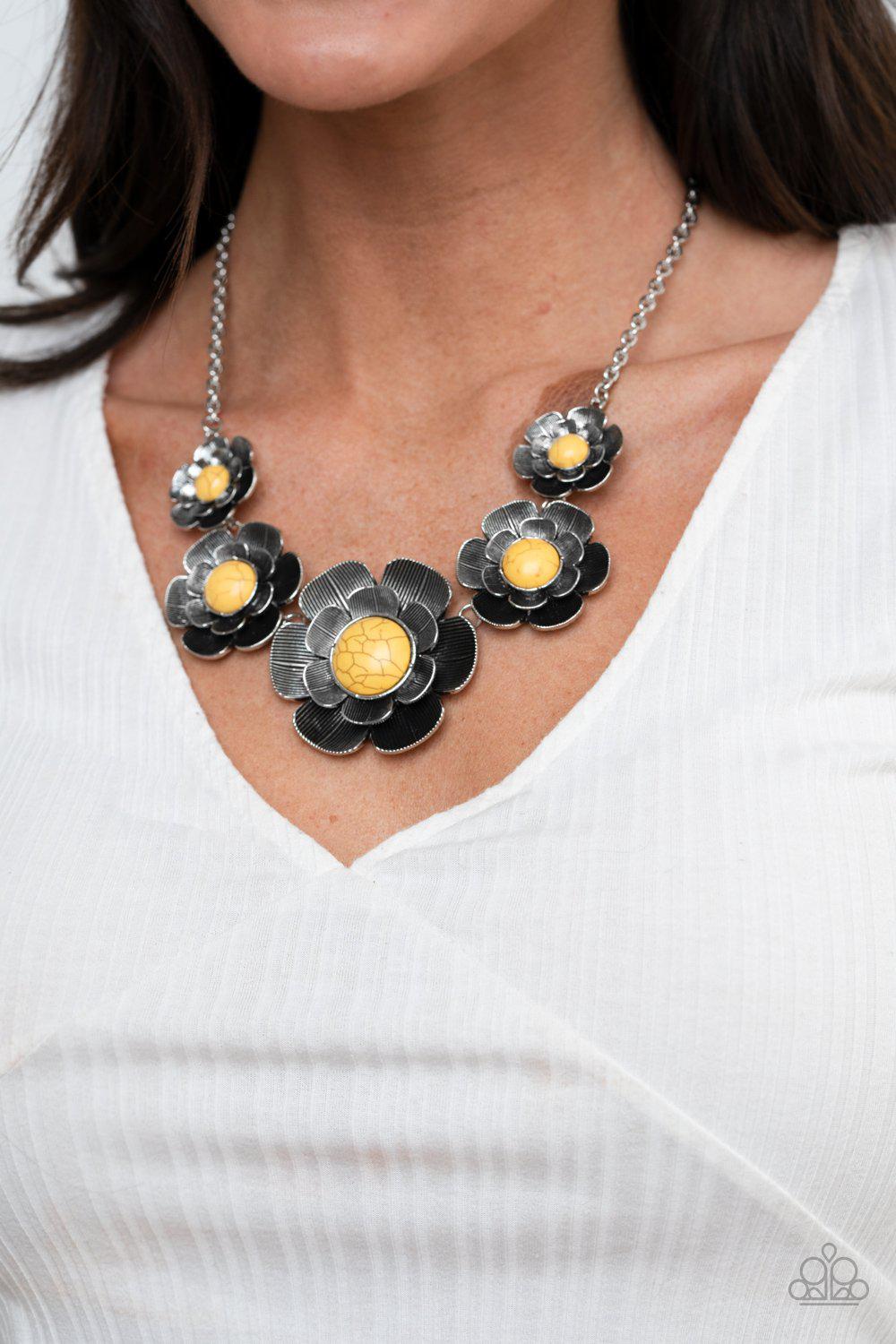 Bountiful Badlands Yellow Stone and Silver Flower Necklace - Paparazzi Accessories- on model - CarasShop.com - Paparazzi Jewelry by Cara Jewels