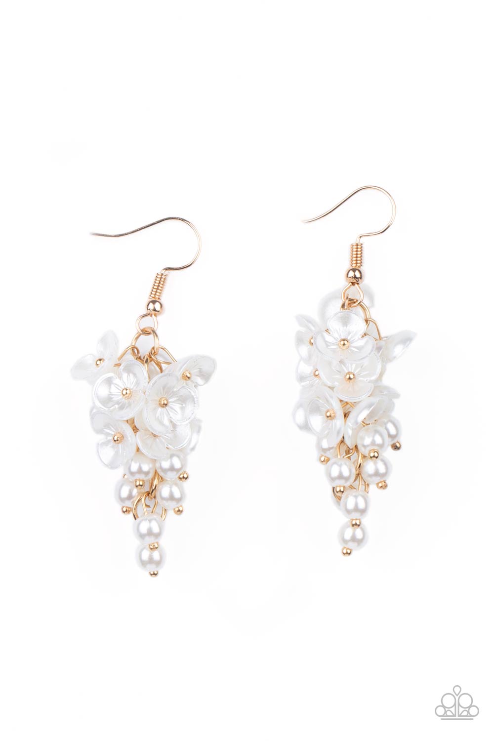 Bountiful Bouquets Gold and White Pearl Flower Earrings - Paparazzi Accessories- lightbox - CarasShop.com - Paparazzi Jewelry by Cara Jewels
