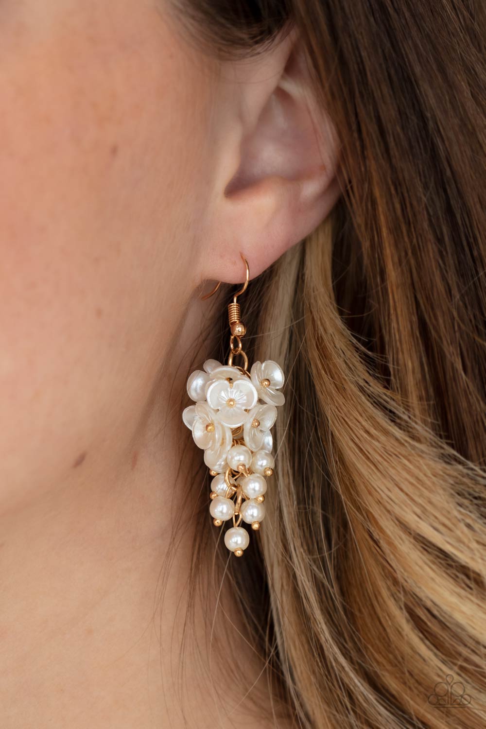 Bountiful Bouquets Gold and White Pearl Flower Earrings - Paparazzi Accessories- on model - CarasShop.com - Paparazzi Jewelry by Cara Jewels