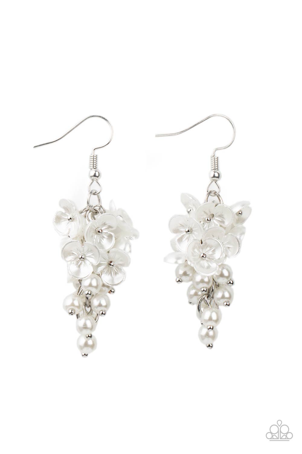 Bountiful Bouquets White Pearl and Flower Earrings - Paparazzi Accessories- lightbox - CarasShop.com - Paparazzi Jewelry by Cara Jewels