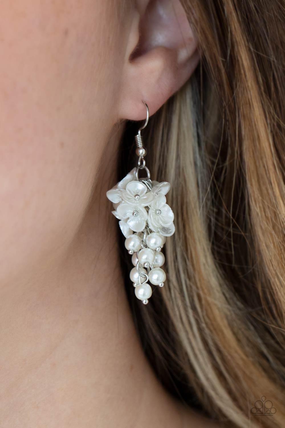 Bountiful Bouquets White Pearl and Flower Earrings - Paparazzi Accessories- on model - CarasShop.com - Paparazzi Jewelry by Cara Jewels