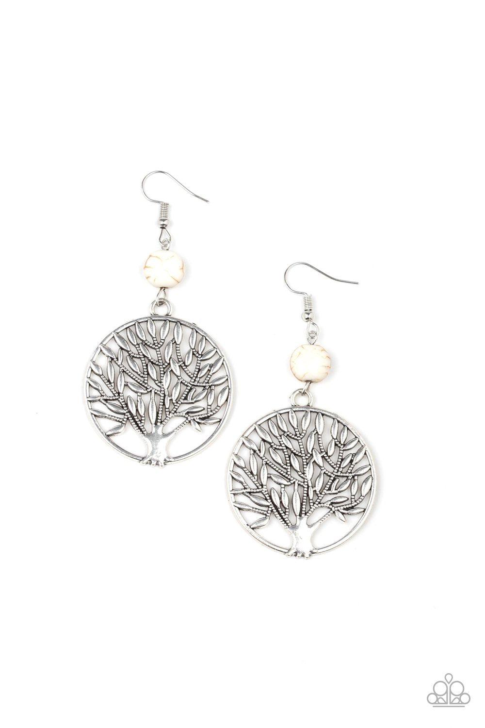 Bountiful Branches White Stone and Silver Tree Earrings - Paparazzi Accessories- lightbox - CarasShop.com - Paparazzi Jewelry by Cara Jewels
