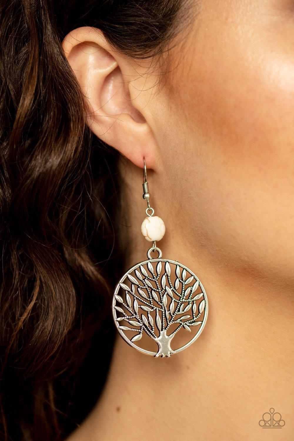 Bountiful Branches White Stone and Silver Tree Earrings - Paparazzi Accessories- on model - CarasShop.com - Paparazzi Jewelry by Cara Jewels