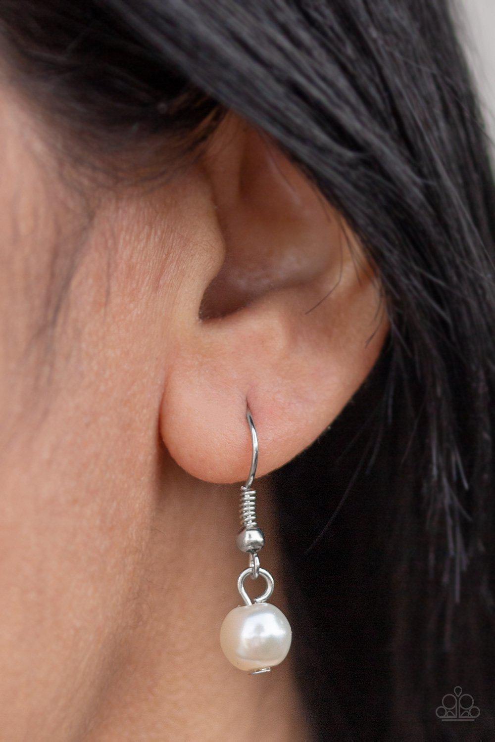 Bow Before the Queen White Pearl and Rhinestone Necklace - Paparazzi Accessories - free matching earrings -CarasShop.com - Paparazzi Jewelry by Cara Jewels