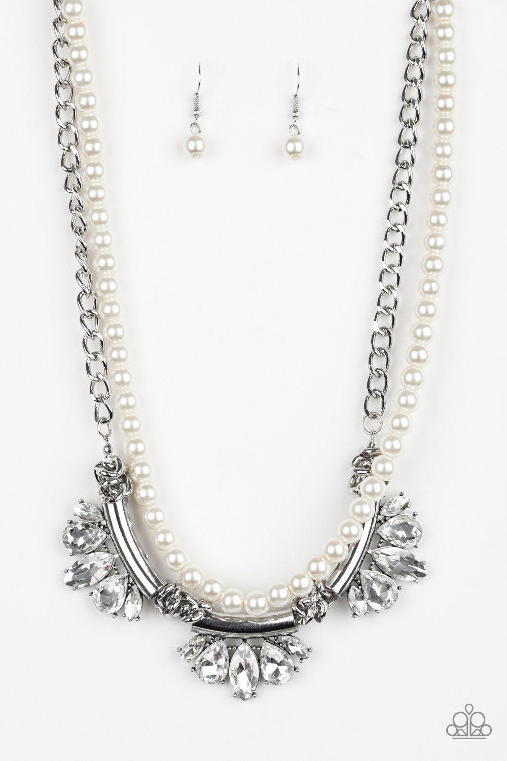 Bow Before the Queen White Pearl and Rhinestone Necklace - Paparazzi Accessories- lightbox - CarasShop.com - Paparazzi Jewelry by Cara Jewels