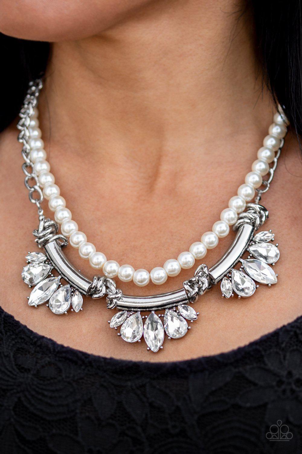 Bow Before the Queen White Pearl and Rhinestone Necklace - Paparazzi Accessories- on model - CarasShop.com - Paparazzi Jewelry by Cara Jewels