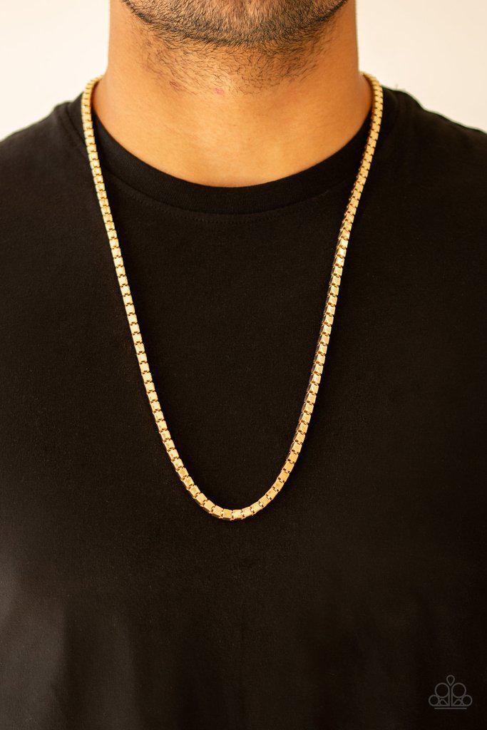 Boxed In Men's Gold Box Chain Necklace - Paparazzi Accessories- on model - CarasShop.com - Paparazzi Jewelry by Cara Jewels