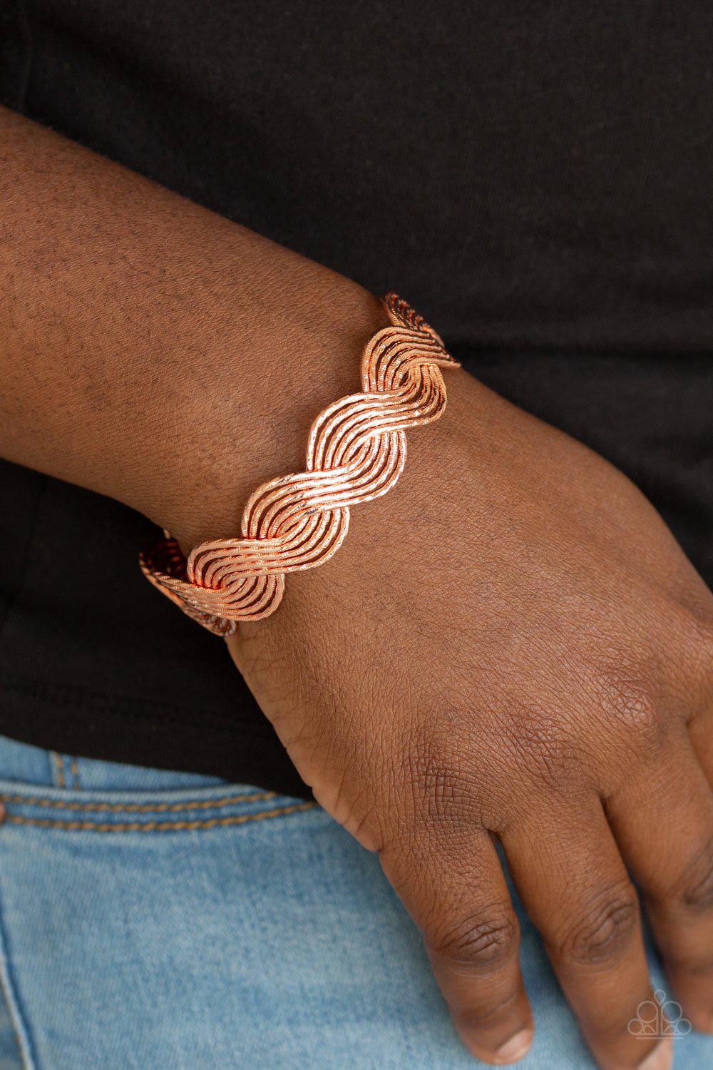 Braided Brilliance Shiny Copper Cuff Bracelet - Paparazzi Accessories- on model - CarasShop.com - Paparazzi Jewelry by Cara Jewels