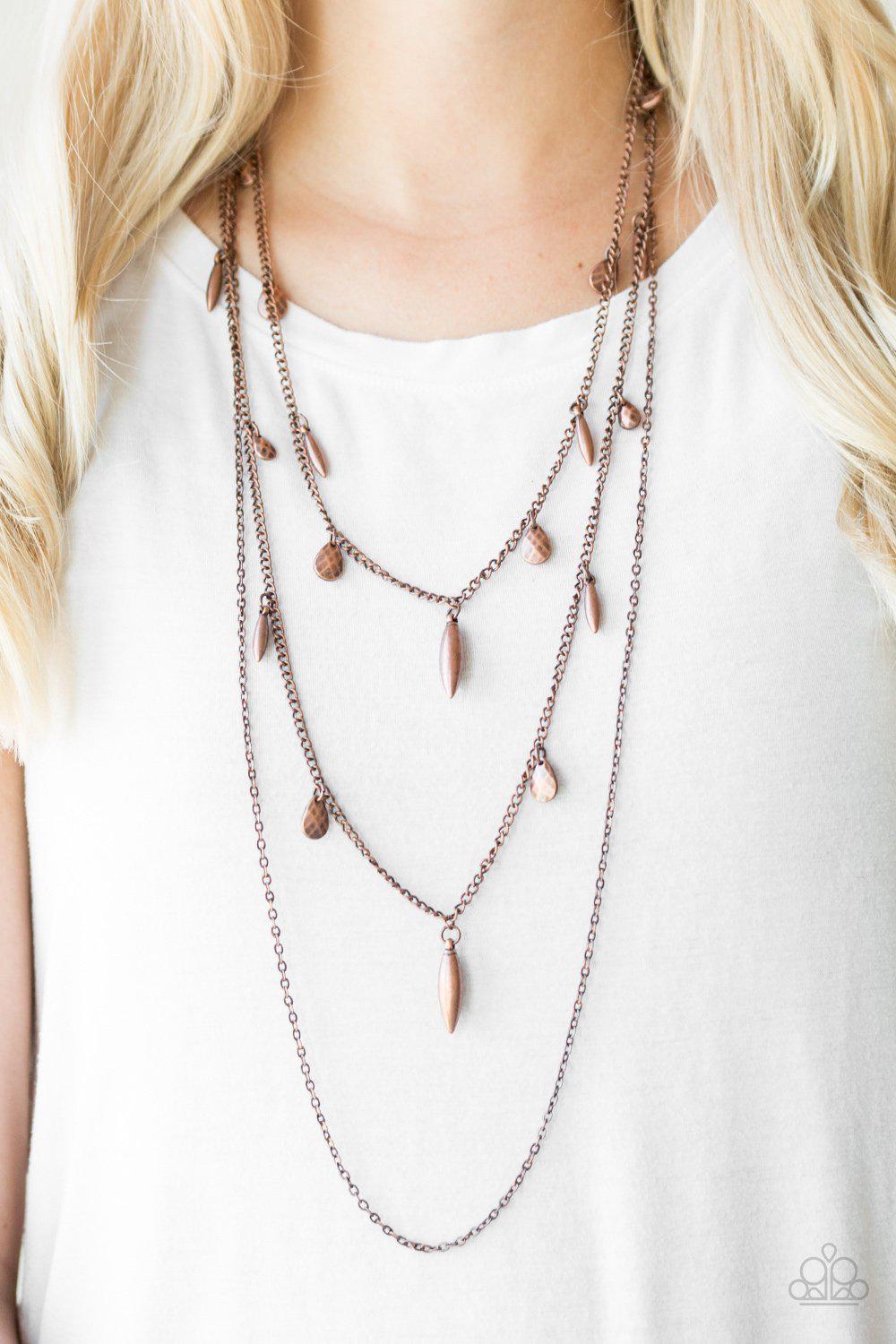 Bravo Bravado Copper Necklace - Paparazzi Accessories- on model - CarasShop.com - Paparazzi Jewelry by Cara Jewels