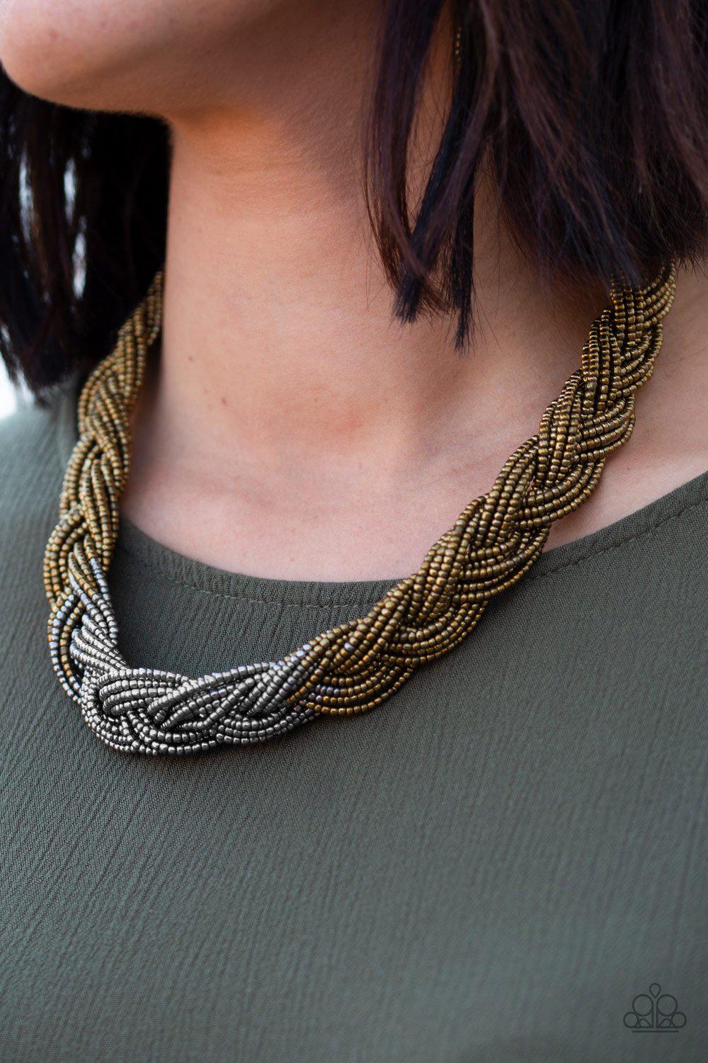 Brazilian Brilliance Multi Brass and Silver Seed Bead Necklace - Paparazzi Accessories- on model - CarasShop.com - Paparazzi Jewelry by Cara Jewels