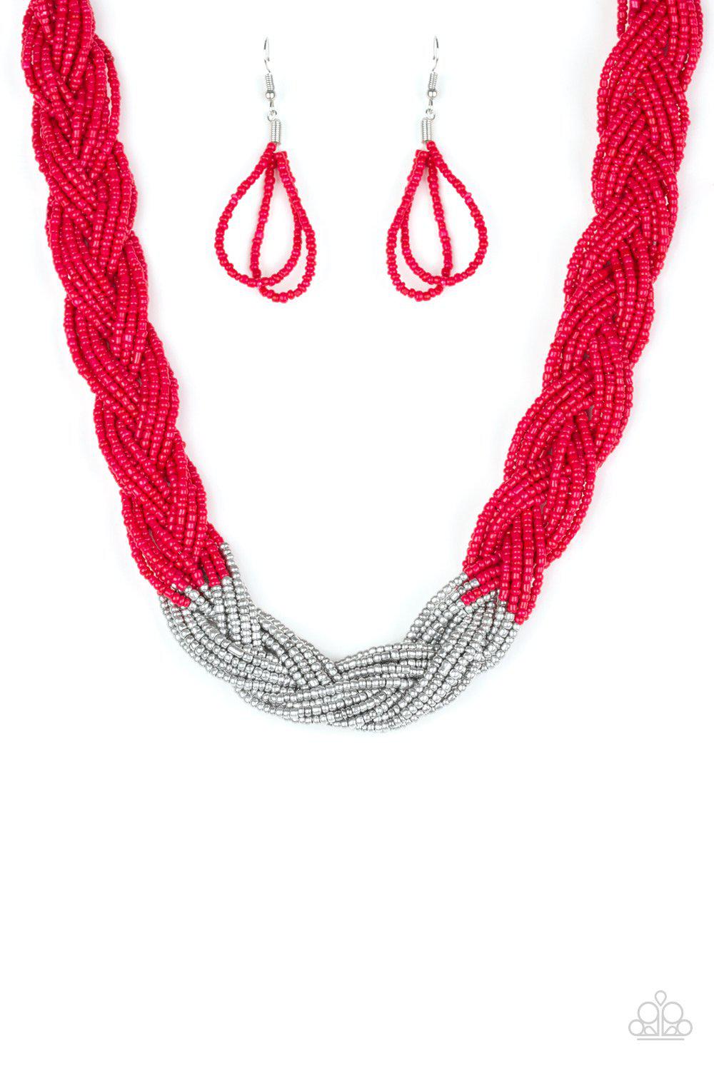 Brazilian Brilliance Red Seed Bead Necklace and matching Earrings - Paparazzi Accessories- lightbox - CarasShop.com - Paparazzi Jewelry by Cara Jewels